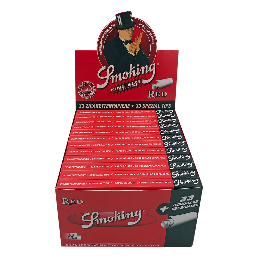 Box Smoking King Size Red Zigarettenpapier + Filter Tips 24 Hefte à 33 Blättchen + Tips