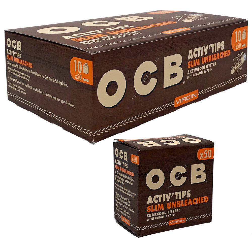 10x OCB Activ Tips Slim Unbleached/ Aktivkohle Slim Filter Ø 7mm à 50 Stück